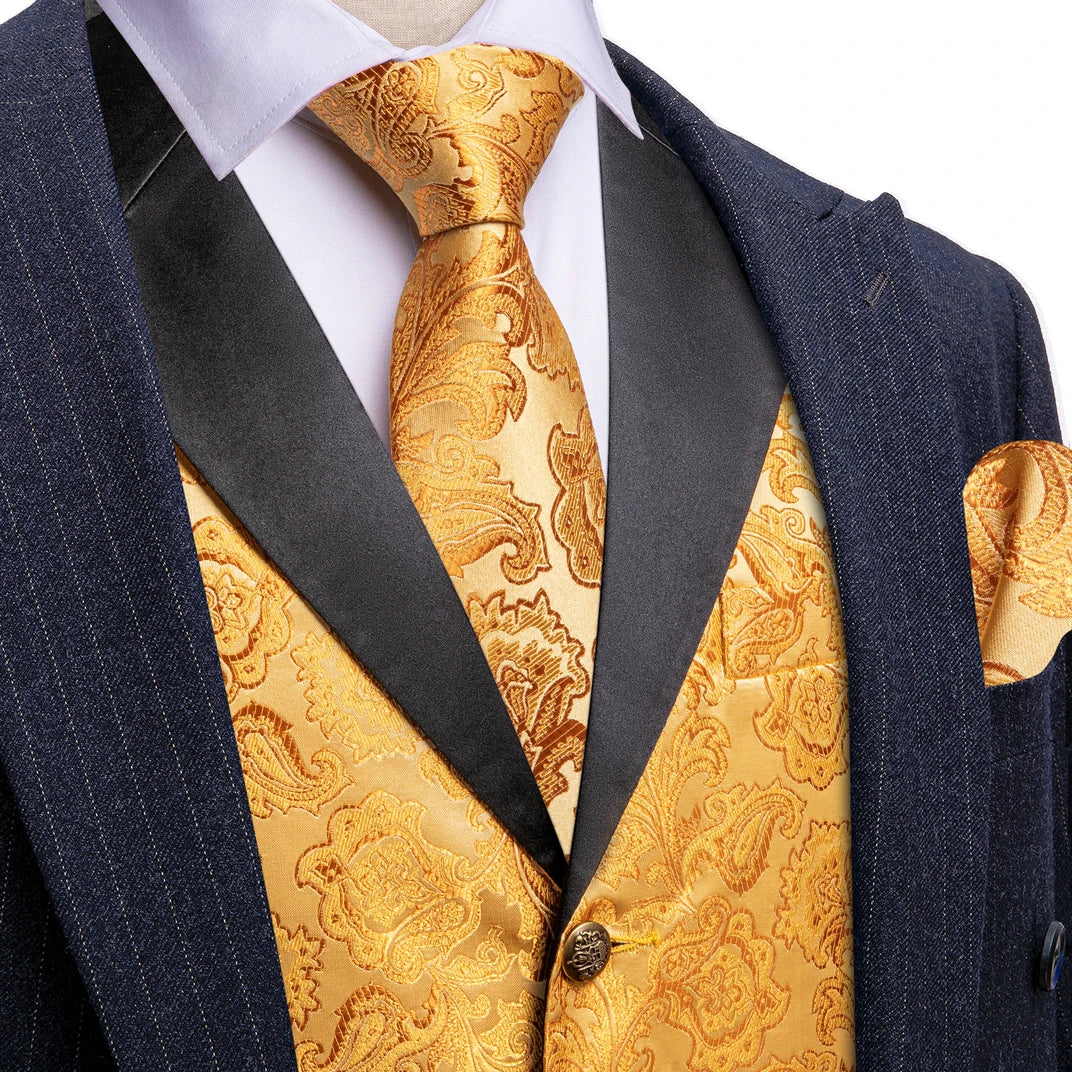 Men's Jacquard Floral Vest & Bowtie Set for Wedding & Formal Events – Yellow