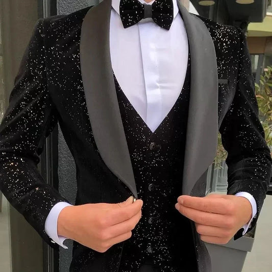 Black Men Suits 3 Pieces Shiny Blazer Vest Pants One Shoulder Sheer Lapel Sequins Tuxedo Wedding Formal Work Causal Customized