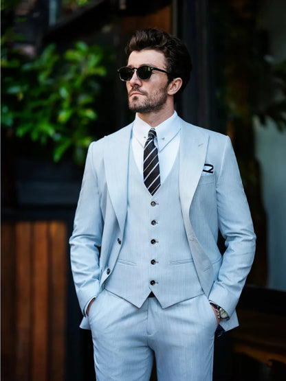 New Customized Striped Suit Blazer Vest Pants 3 Pieces For Men Distinctive Handsome Men's Tuxedo Wedding Groom Best Man Outfit