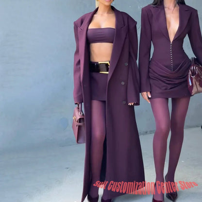 Burgundy Oversized Women's Long Jacket+Mini Skirt Suit Set Double Breasted Peaked Lapel Trench Coat Chic Evening Party Clothes