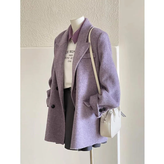 Elegant Women's Long Sleeve Short Woolen Coat Autumn Winter Korean Fashion Casual Loose Warm Versatile Jacket for Ladies