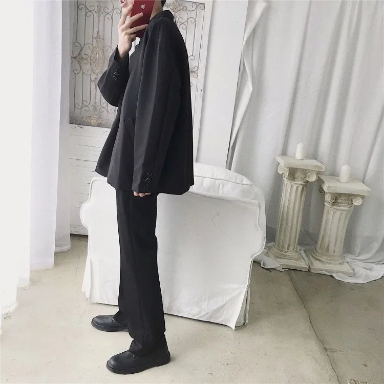 Men Spring Autumn Casual Blazer Set INS Korean Style Trendy Hong Kong Vibe Handsome Suit Jacket Outerwear