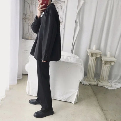 Men Spring Autumn Casual Blazer Set INS Korean Style Trendy Hong Kong Vibe Handsome Suit Jacket Outerwear