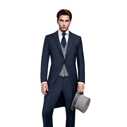 Men's Navy Blue 3-Piece Tailcoat Suit - 1-Button Peak Lapel Wedding Tuxedo (Jacket+Waistcoat+Trousers) | Formal
