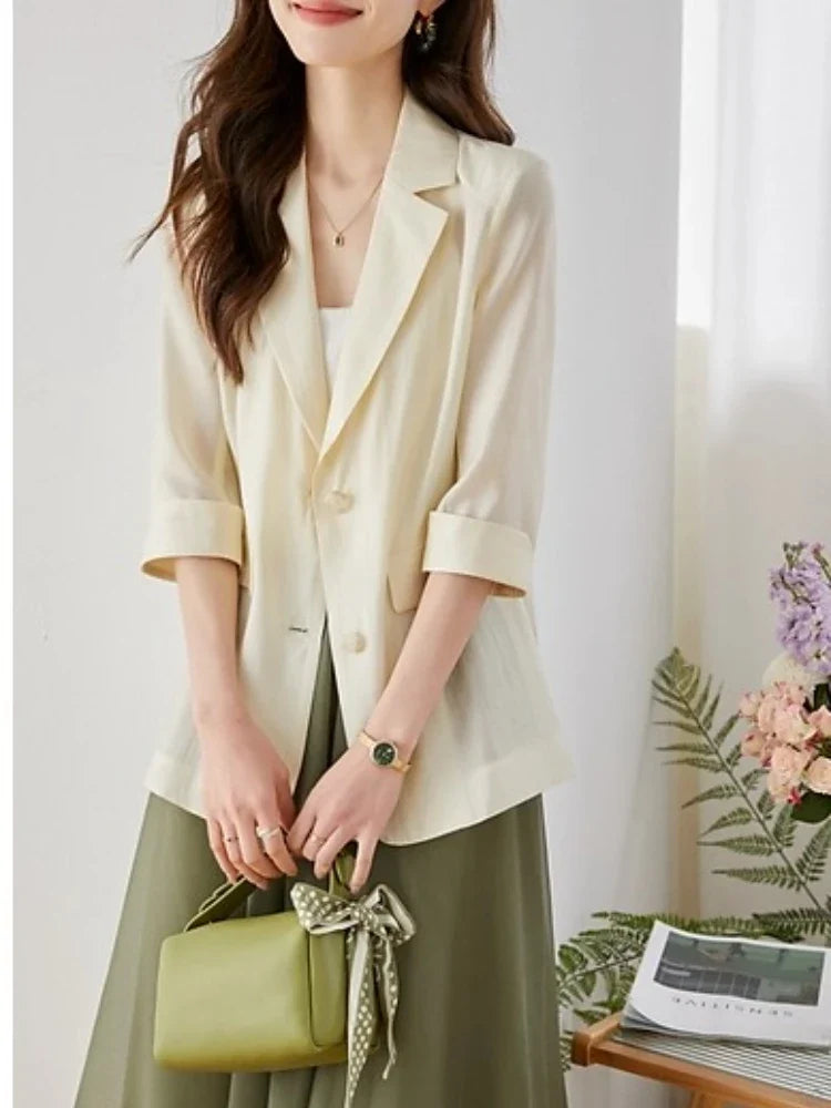 Casual Lyocell Suit Blazers Women 2026 Autumn Fashion Transparent Lightweight Three Quarter Sleeve Office Ladies Blazers