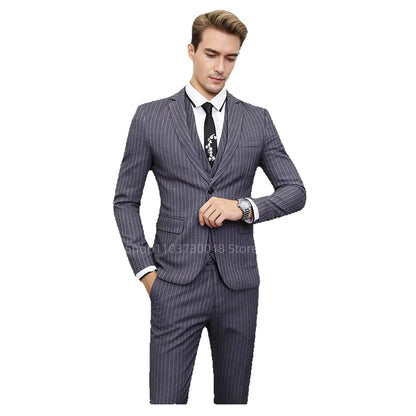 Gray Striped Men's Tuxedo 3 Piece Business Set with Notch Lapel Single Breasted Blazer Vest Pants Outfits for Wedding Party Prom