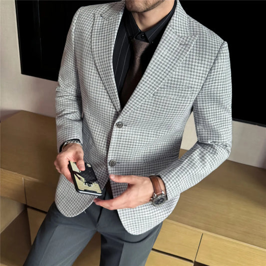 Men's Smart Casual Blazer – Vintage Coin Check Pattern – Brown & White Grey – Shopping & Office Wear