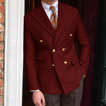 Men's Brown Serge Blazer Double Breasted Peak Lapel Gold Button Slim Fit British Style Fashion Suit Jacket Formal Business Casua