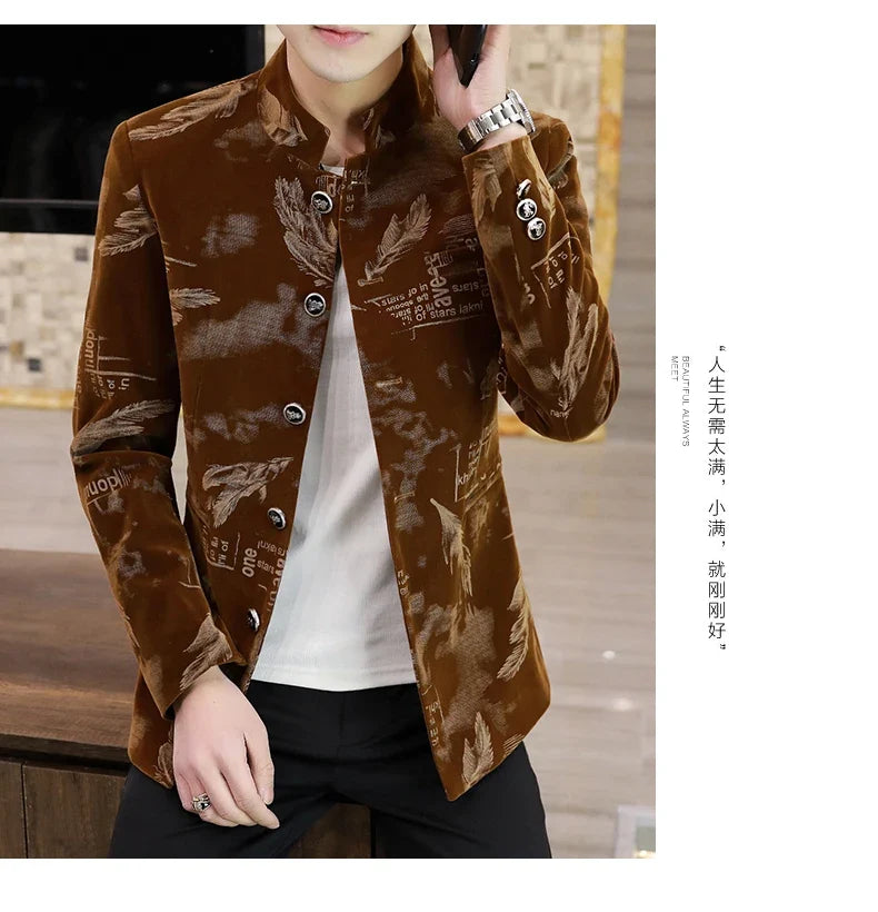 Luxury Retro Velvet Suit Jacket for Men Fashion Slim Fit Stand Collar Blazer Masculino Casual Business Wedding Dress Coat 2023