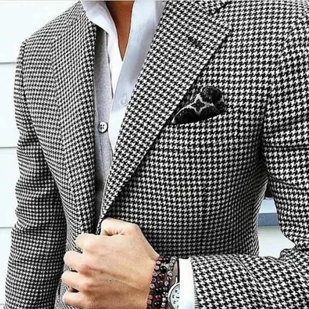 Italian Style Houndstooth Blazer for Men Casual Lapel Engraved Unique Wedding Coat