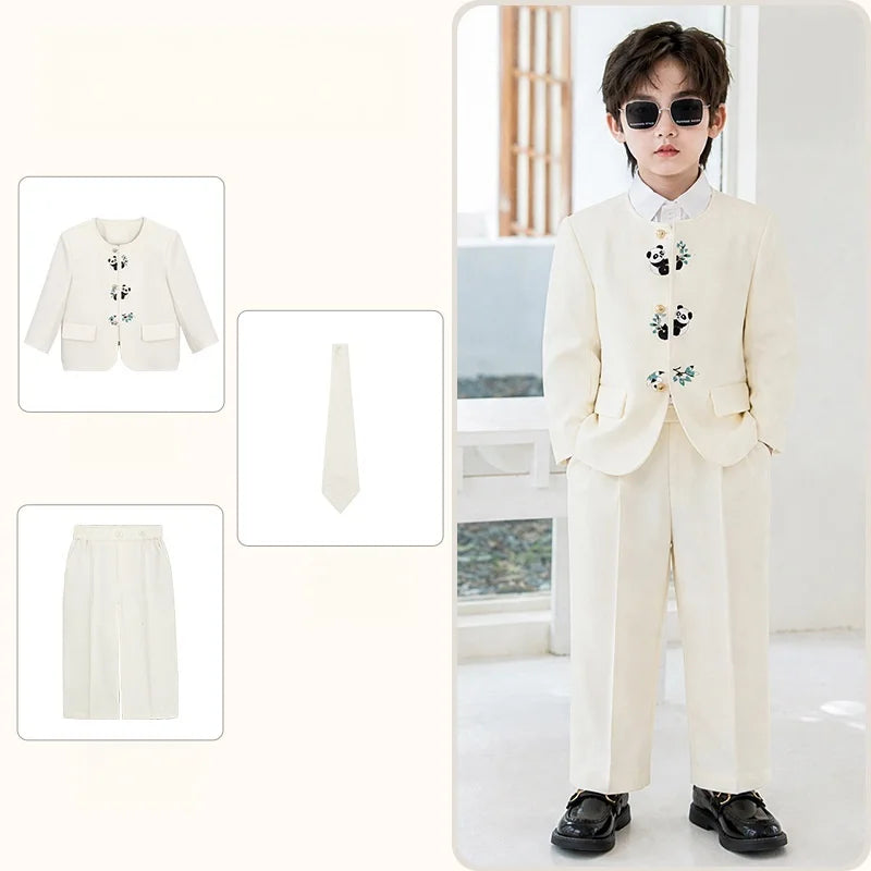 90-160 Kids New Chinese Tang Suit Hanfu Embroidery Suit Flower Boys Host Recitation Performance Costume