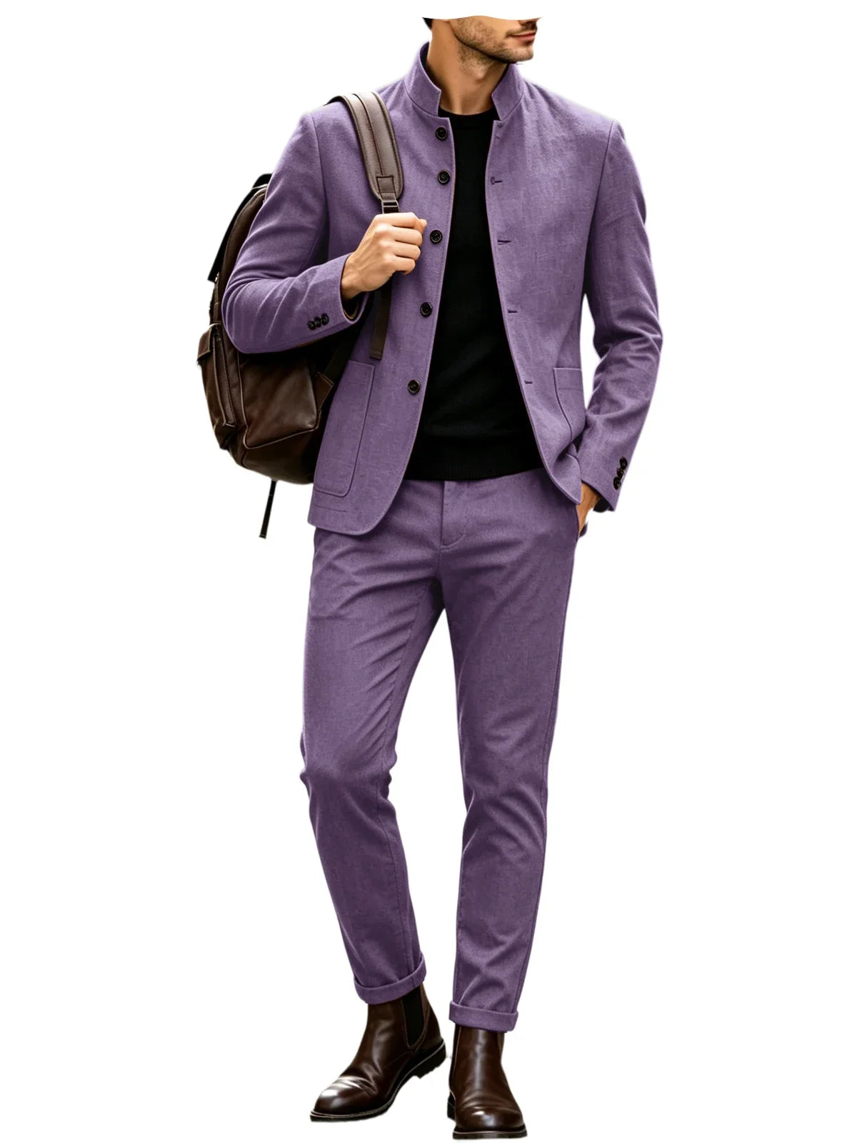 Men Stand Collar Linen Blazer Set Slim Fit 2 Pieces Jacket Pants Breathable Wrinkle‑Resistant Vintage Casual Business Outerwear