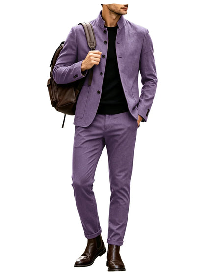 Men Stand Collar Linen Blazer Set Slim Fit 2 Pieces Jacket Pants Breathable Wrinkle‑Resistant Vintage Casual Business Outerwear