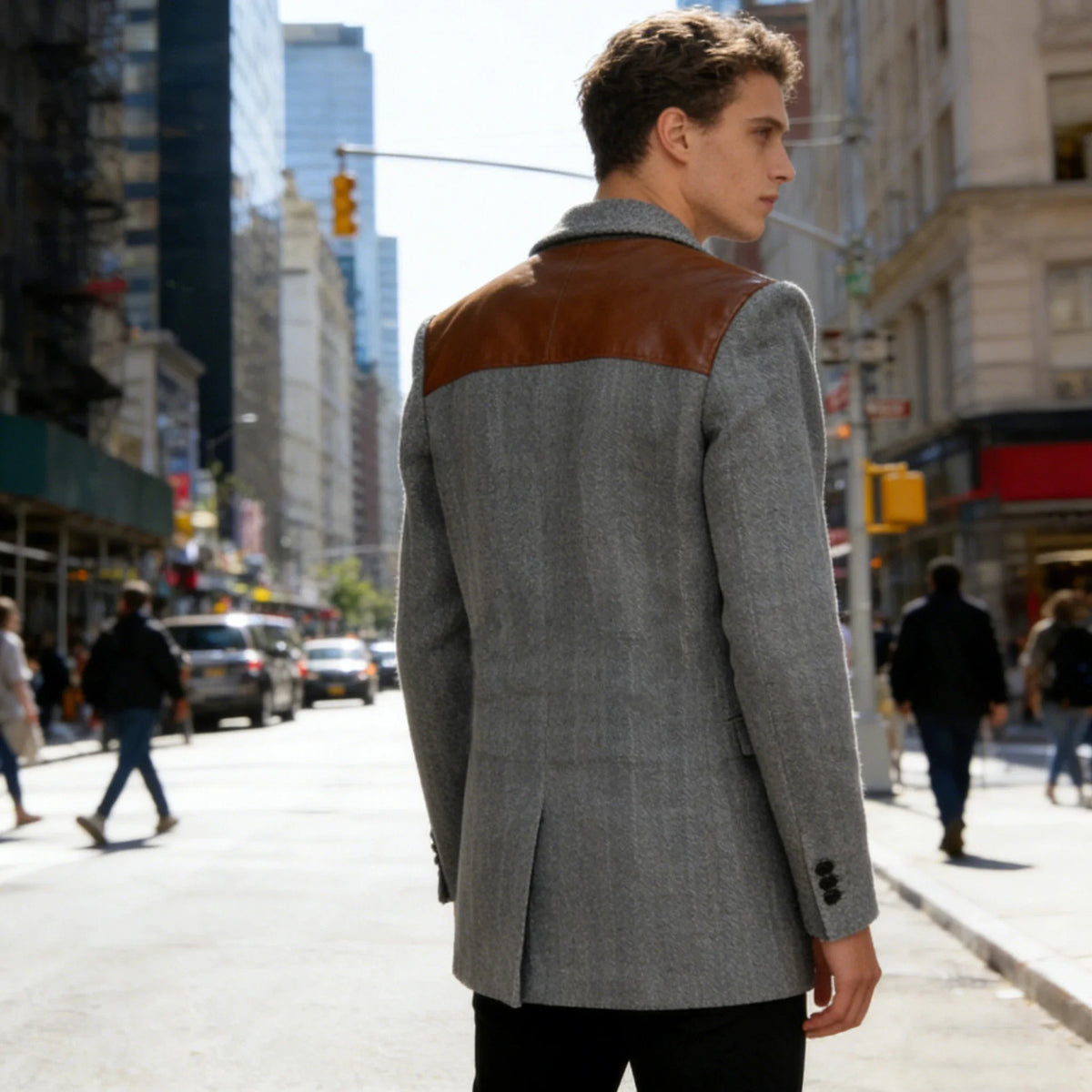 Men's Vintage Herringbone Blazer Contrast Shoulder Patches Double Breasted Wool Blend Suit Jacket Slim Fit Casual Business Coat