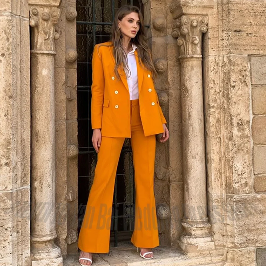 Bright Orange Women's Two Piece Suit Solid Color Formal Party Classic Double Breasted Blazer Wedding Guest Female Outfit
