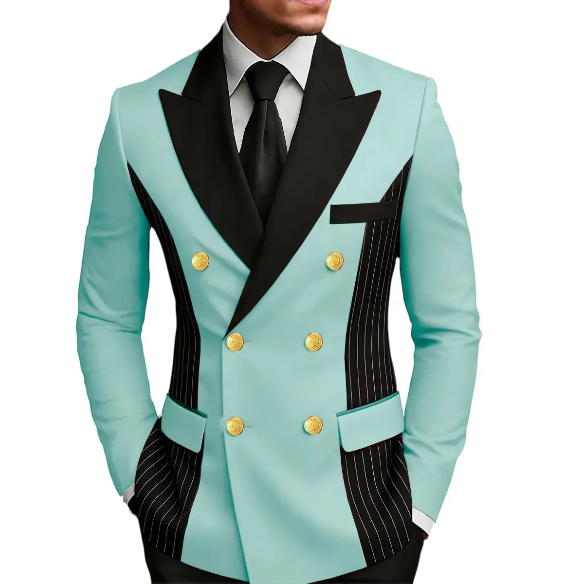 Men's Double Breasted Blazer Striped Patchwork Peak Lapel Slim Fit Formal Wedding Suit Jacket