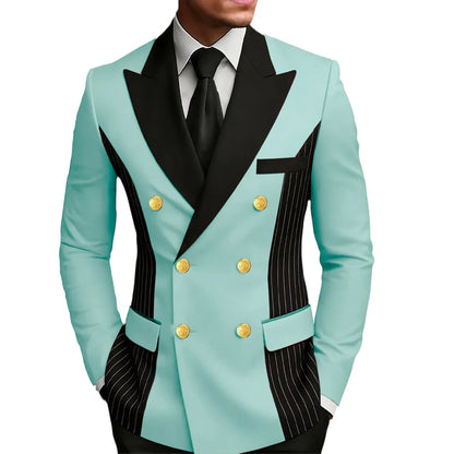Men's Double Breasted Blazer Striped Patchwork Peak Lapel Slim Fit Formal Wedding Suit Jacket