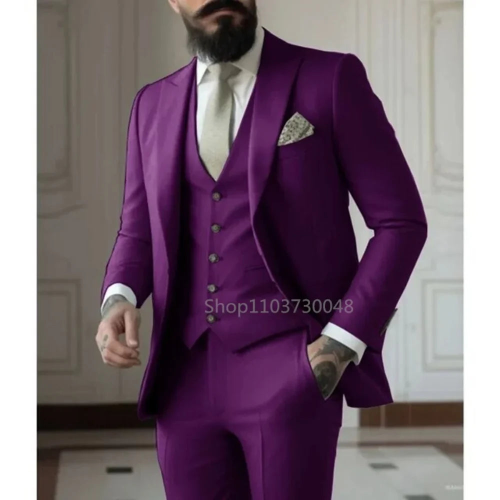 Men's Business Casual Slim-fit Solid Color Blazer Vest Pants Set Outdoor Trendy Wedding Host Formal Wear Terno De Caval