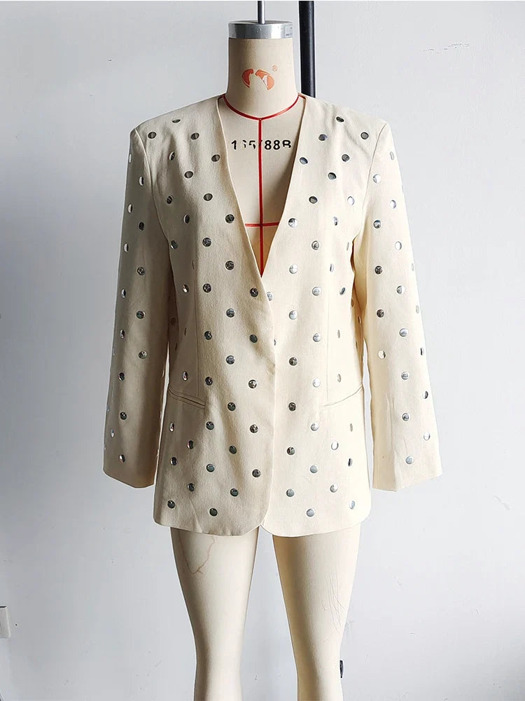 Women's Summer New Rivet Decorative V-neck No-button Casual Suit Jacket Female Temperature Sequin Suit Long Sleeve Jacket