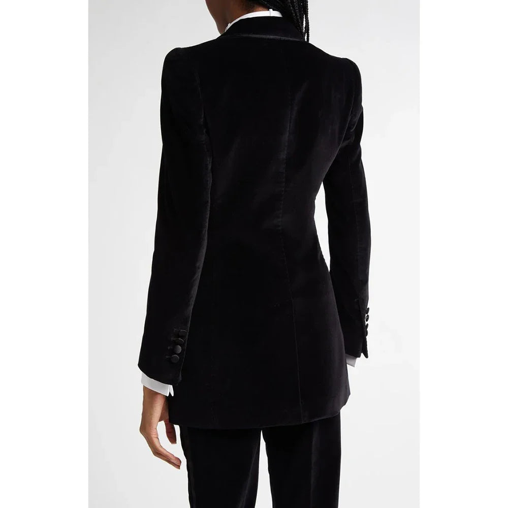 Black Flannel Women Suit Customized Single-grain Buckle Peaked Lapel Two Pieces(Jacket+Pants) Modern Business Office Lady Set
