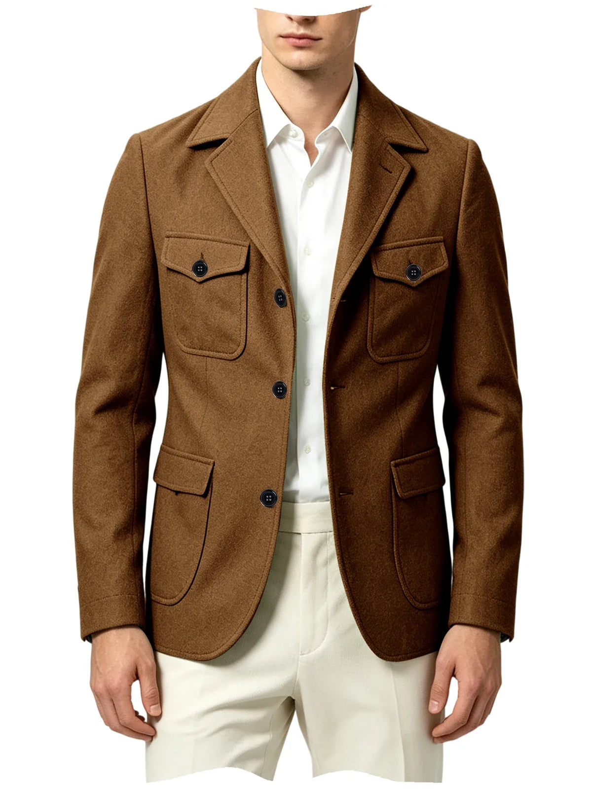 Men's Wool Blazer Notched Lapel Slim Fit 3 Buttons Suit Jacket Multi Pockets Casual Business Autumn Winter Dress Coat Daily Wear