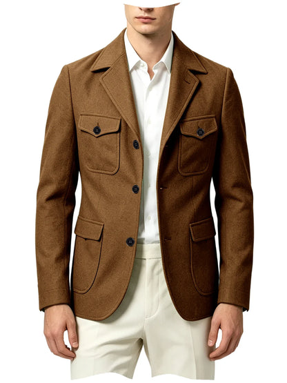 Men's Wool Blazer Notched Lapel Slim Fit 3 Buttons Suit Jacket Multi Pockets Casual Business Autumn Winter Dress Coat Daily Wear