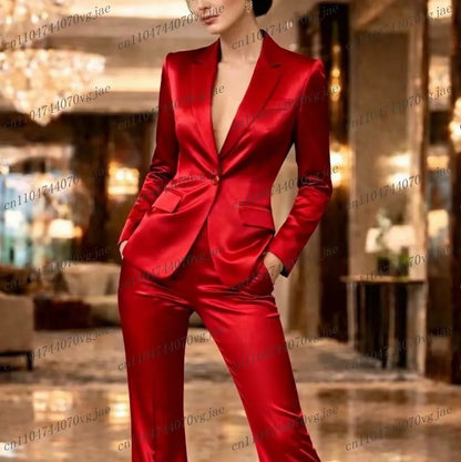 Fashion Red Acetate Satin Women Suit Formal Wedding Party Business Prom Ladies Girl Mother Costume 2 Piece Set Jacket Pants
