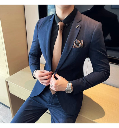 7XL 6XL(Jacket+Pant）Fashion Striped Men Slim Fit Suit Groom Wedding Tuxedo Formal Business Party Slim Fit Social Stage Costume