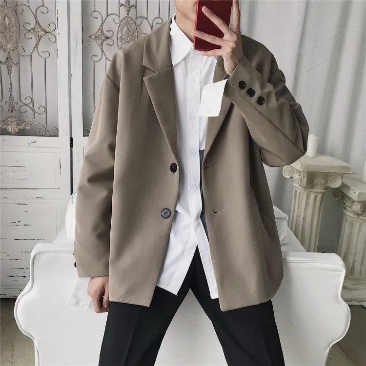 Men Spring Autumn Casual Blazer Set INS Korean Style Trendy Hong Kong Vibe Handsome Suit Jacket Outerwear