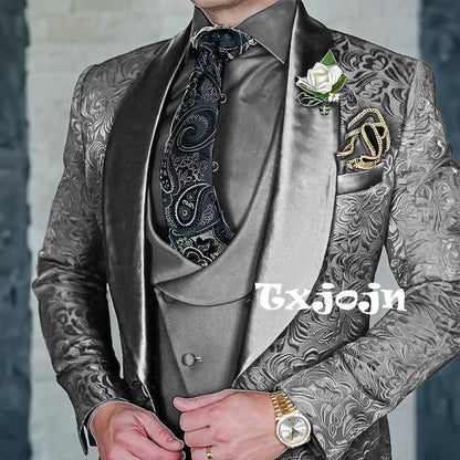 Exquisite jacquard Men's 3-piece Suits Wedding Groom Sets Handsome Shawl Lapel Suit Set Dancing Wear Formal Tuxedo For Business