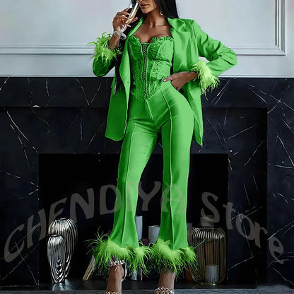 Women's Two Pieces Set Luxury 2026 Slim Fit Notch Lapel Glamorous Feather Blazer Formal Evening Party Tailored Made Outfit