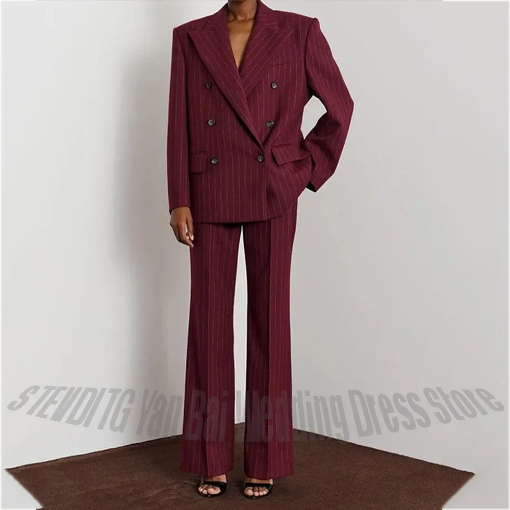 Burgundy Stripe Double Breasted Women Suit Two Piece High Quality Business Formal Office Commuter Vintage Clothes Jacket Pants