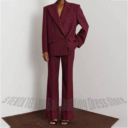 Burgundy Stripe Double Breasted Women Suit Two Piece High Quality Business Formal Office Commuter Vintage Clothes Jacket Pants