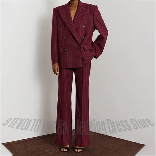 Burgundy Stripe Double Breasted Women Suit Two Piece High Quality Business Formal Office Commuter Vintage Clothes Jacket Pants