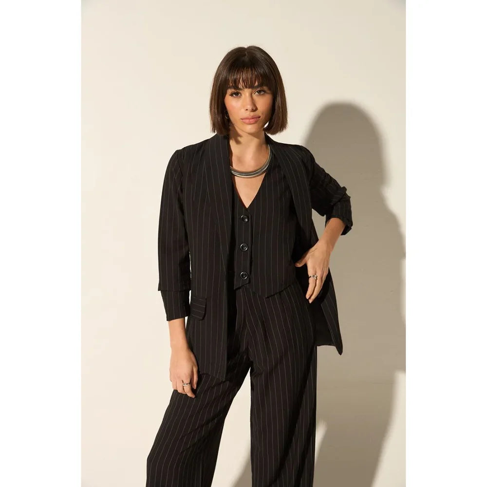 Elegant Black Stripe Single Breasted Women Pants Set High-end Female Three Pieces(Jacket+Trousers+Vest)أطقم بناطيل