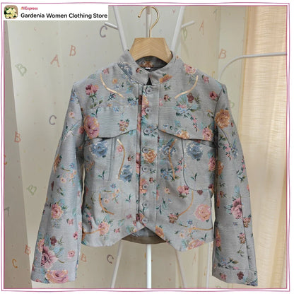 Elegant Chic Jacquard Blazers for Women New Spring & Autumn Raised Collar Buttoned Blazers with Asymmetric Hem and Patch Pockets