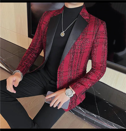 British Style Woven Suit Jacket Men Fashion Plaid Casual Business Blazer Gentleman Versatile Banquet Party Groom Wedding Coats