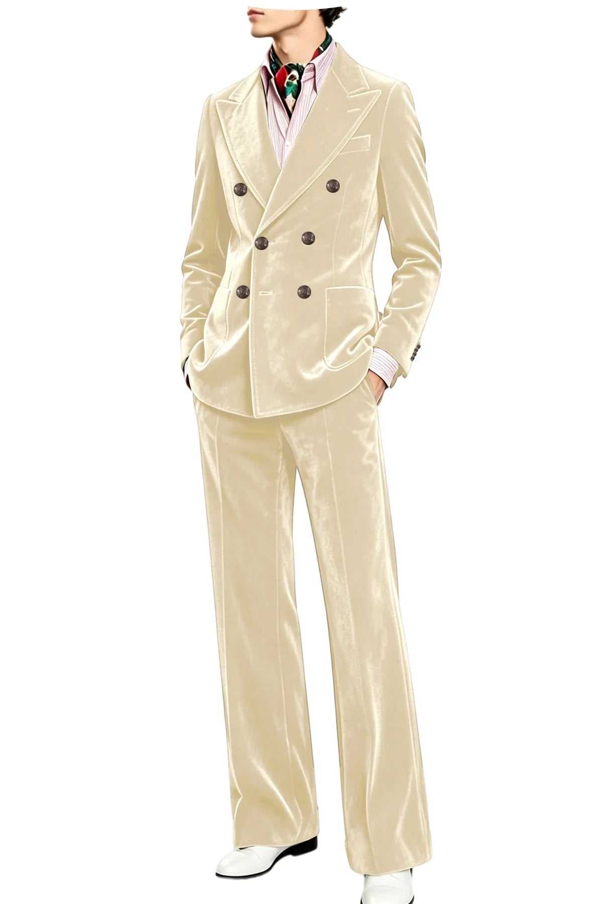 Men's Velvet Suit 2 Piece Double Breasted Peak Lapel Blazer & Straight Leg Pants for Formal & Wedding