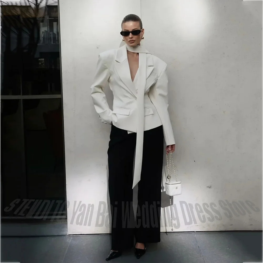 Women Elegant Suit With Scarf Notched Lapel Blazer Pants Regular Fit Contrast Color Outfit Fashion Formal Set For Office Lady