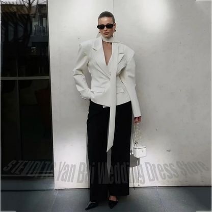 Women Elegant Suit With Scarf Notched Lapel Blazer Pants Regular Fit Contrast Color Outfit Fashion Formal Set For Office Lady