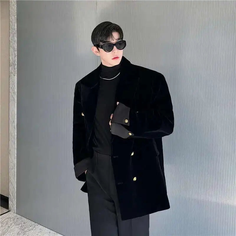 Double Breasted Korean High Quality Blazer Original Elegant Temperament Casual Male Suit Jackets Velvet New Coats LZ7346