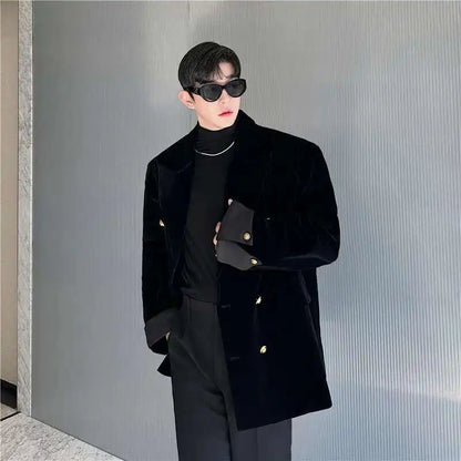 Double Breasted Korean High Quality Blazer Original Elegant Temperament Casual Male Suit Jackets Velvet New Coats LZ7346