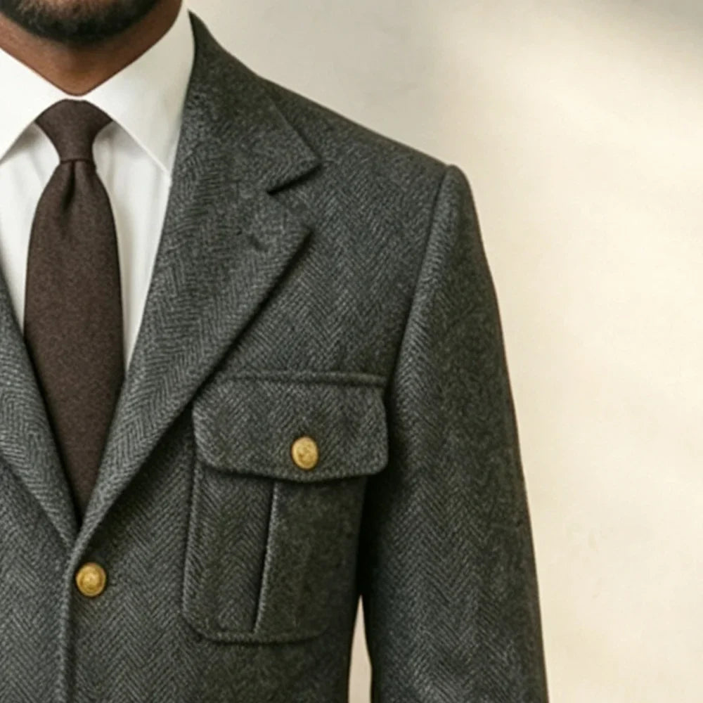 Mens Grey Herringbone Woollen Safari Suit Jacket 1 Piece Single Breasted Wedding Blazer Prom Banquet Formal Gentleman Outerwear