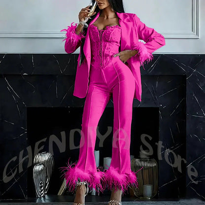 Women's Two Pieces Set Luxury 2026 Slim Fit Notch Lapel Glamorous Feather Blazer Formal Evening Party Tailored Made Outfit