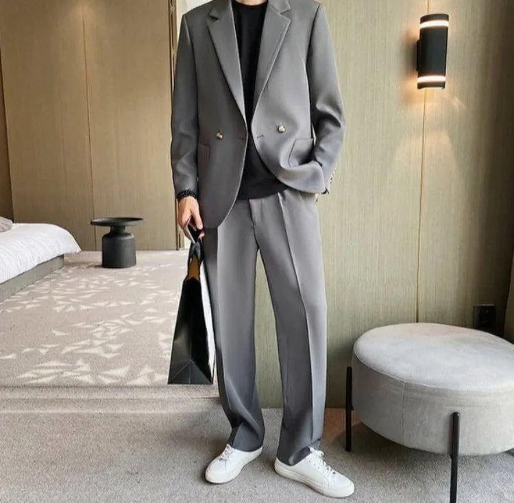Men's Spring Autumn Casual Blazer Set Korean Slim Fit Lightweight Loose Smart Chic Suit Jacket Fashion Trendy Top