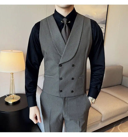 Korean Slim Fitt Wedding Suit Fashion Striped Double Breasted Suit 3 Piece Set Business Formal Casual Party Prom Host Suits