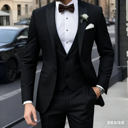 Navy Blue Peak Lapel 3 Piece Men's Tuxedos Fashion Single Breasted Formal Men's Clothes Smart Casual Wedding Party Prom Tuxedos
