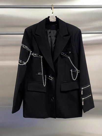 Fashion Chain Pin Design Women Blazers Black Suit Jacket Loose Fit Classic Shoulder Padded Coat Lapel Autumn Banquet Outerwear