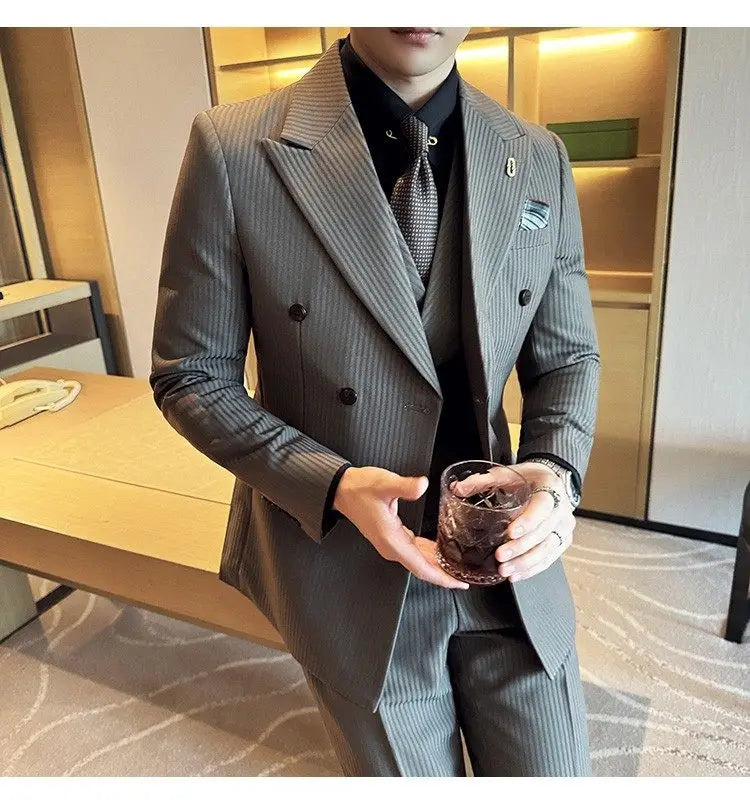 Korean Slim Fitt Wedding Suit Fashion Striped Double Breasted Suit 3 Piece Set Business Formal Casual Party Prom Host Suits