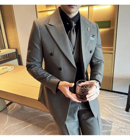 Korean Slim Fitt Wedding Suit Fashion Striped Double Breasted Suit 3 Piece Set Business Formal Casual Party Prom Host Suits